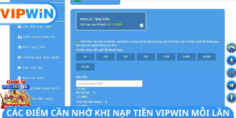 Các điểm cần nhớ khi nạp tiền VIPWIN mỗi lần