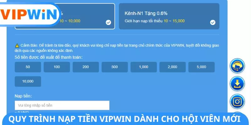 Quy trình nạp tiền VIPWIN dành cho hội viên mới